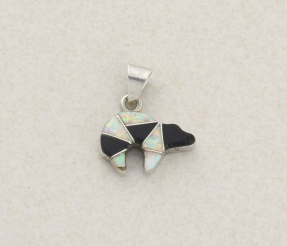 Sterling Silver Black Onyx & Opal Bear Pendant 7/8" x 3/4" inch Cecil Sanders - Picture 1 of 5